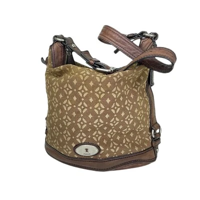 Bolso de Hombro Fossil Grande Maddox Cuero Marrón Estampado Lona Cubo Hobo Cartera Foto 1 de 4