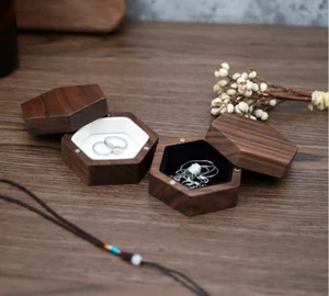 Wooden Hexagonal Ring Bearer Wedding Ceremony Engagement Bridal Jewellery Box - Picture 1 of 14