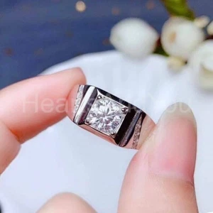 2ct Round Cut Moissanite Solitaire Round Accent Men's Ring 14k White Gold Plated - Picture 1 of 4