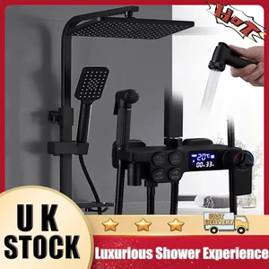 Bathroom Thermostatic Exposed Shower Mixer Large Twin head Square Bar Set Black - Picture 1 of 17