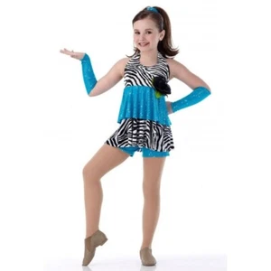 Wild At Heart TURQUOISE Dance Costume Zebra Print with Mitts CXS, CS, 6x7 & CXL - Picture 1 of 5
