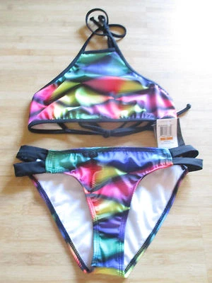 Новый Hurley бикини купальник S с бретелью через шею укороченный верхний радужный ремень брюки $86 розничной - Изображение 1 из 3