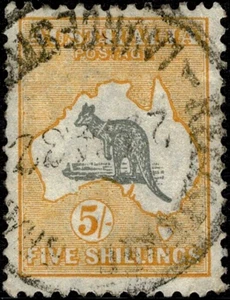 Canguro 5/- Gris/Amarillo con S/Multi WMK usado. Variedades Posición R36. - Imagen 1 de 2