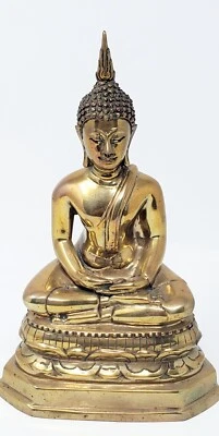 Vintage Bronze Dourado Terra Tocando Iluminação Buda 8-3/8" Assento Tailandês - Imagem 1 de 4
