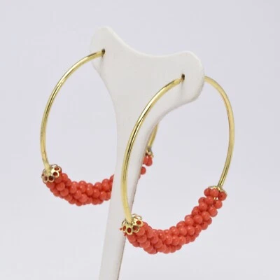 ORECCHINI CERCHIO GRANDI ARGENTO 925 DORATO CON CORALLO ROSSO CHIARO AGHT 0635 D - Immagine 1 di 3