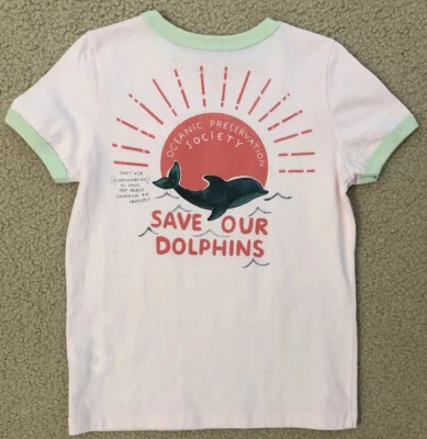 GYMBOREE Sz XS (4) oceanic preservation Society PINK T-shirt Green Dolphins EEUC - Image 1 of 4