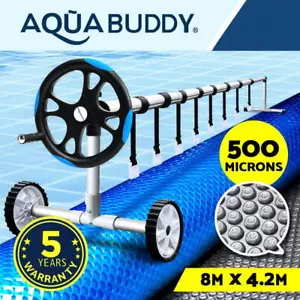 Aquabuddy Pool Cover 500 Micron Heat Solar Blanket Roller 8x4.2m 5.5m Blue Reel - Picture 1 of 11