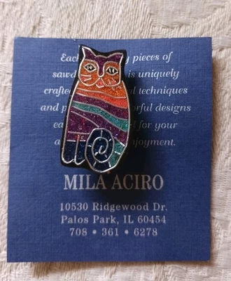 Charming Mila Aciro "Art in Sawdust” Striped Cat Brooch Pin New On Card Artisan - Image 1 of 4