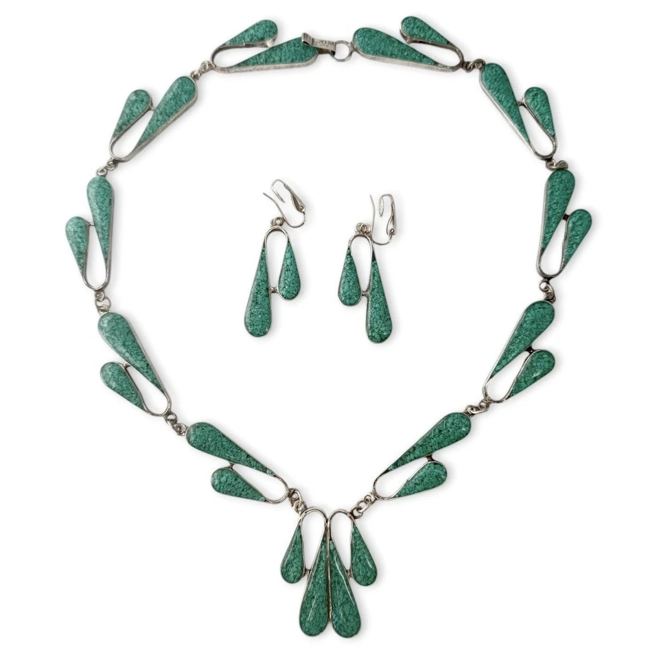 Mexican Alpaca Silver Turquoise Black Enamel Reversible Necklace Earrings Set - Image 1 of 4