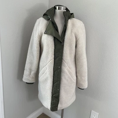 Abrigo Express Mujer Pequeño Marfil Sherpa Peluche Con Capucha Acolchado Forrado Verde Oliva Foto 1 de 4