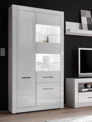 Vitrine "Bianco" Standvitrine Stauraumvitrine mit LED 100cm weiß Hochglanz - Bild 1 von 4