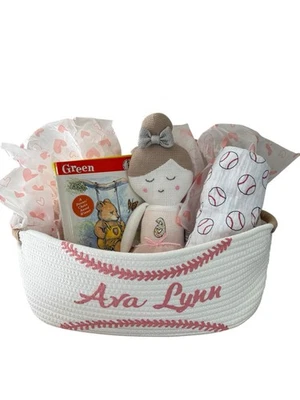Brinquedo esportivo cesta de beisebol chá de bebê cesta de presente fofa para meninas rosa marfim - Imagem 1 de 4