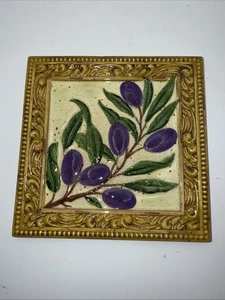 Old Vintage Ceramic Tile Trivet Decor Grapes & Leaf Branch Pottery Frame 6”x 6” - Picture 1 of 7