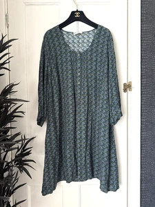 Ulla Popken UK Size 24/26 Green Blue Purple Button 3/4 Sleeve Tunic Dress - Picture 1 of 8