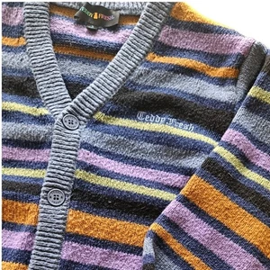 Teddy Fresh Striped Cardigan Sweater S Gray Purple Yellow Blue Knit Button Up - Picture 1 of 7