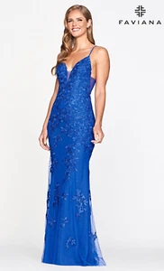NIE GETRAGEN: Faviana S10509 royalblaues langes Ballkleid Spitze bestickt Gr. 6 - Bild 1 von 9