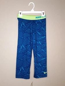 Nike Pro Blue Print Crop Tights Boys Sz XS Green Waist Athletic - Picture 1 of 11