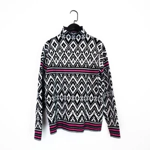 Tahari Black White Pink Geometric Print Mock Neck Fine Knit Boxy Jumper - Size S - Picture 1 of 21