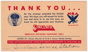 SINCLAIR OIL ADVERTISING POSTCARD NATIONAL RECOVERY ACT LOGO 1933 PLANO, TEXAS - Picture 1 of 2