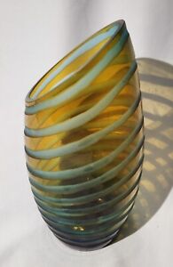 Cyan Angle Cut Etched Blue Green  Amber 10" Vase