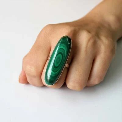 925 STERLING SILVER Long Oval NATURAL Malachite GEMSTONE Handmade Ring All Size - Image 1 of 4