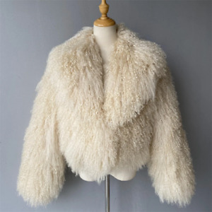Women Real Mongolian Fur Coat Big Lapel Real Fur Warm Fluffy Short Jacket Casual