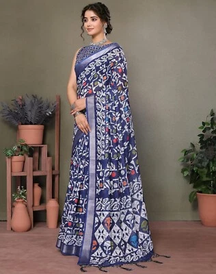 Sari para mujer liso estampado digital mezcla algodón seda con borde plateado tejido Foto 1 de 4