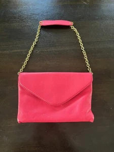 J. Crew Leather Hot Pink Invitation Clutch Envelope Style Gold Hardwear Pockets - Picture 1 of 8