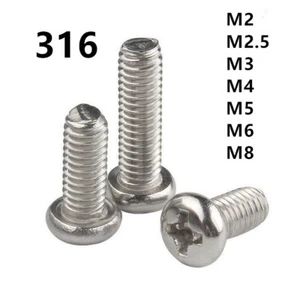 M2 M2.5 M3 -M8 316 Stainless Steel Phillips Cross Pan Head Machine Screws  - Picture 1 of 12