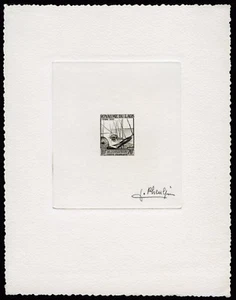 Laos 1952 Boat Postage Due 10 $ Artist Die Proof in black signed Pheulpin /99 - Bild 1 von 2