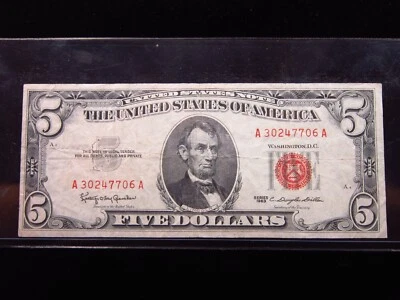 USA $5 1963 A30247706A # UNITED STATES Note RED Seal LINCOLN Bill Dollar Money - Image 1 of 3