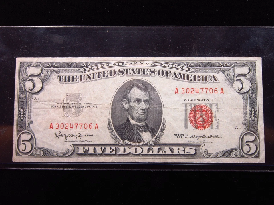 USA $5 1963 A30247706A # UNITED STATES Note RED Seal LINCOLN Bill Dollar Money - Image 1 of 3