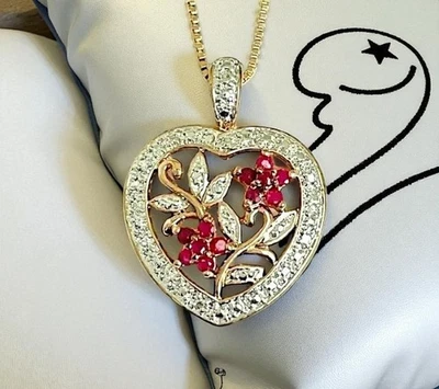14K золото сердце подвеска с бриллиантами и рубинами цветочный дизайн - шикарный винтажный стиль - Изображение 1 из 4