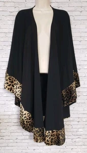 Jessica Holbrook Women 1X/2X Black Poncho Shawl Leopard Trim Wrap Cape Luxe Soft - Picture 1 of 13