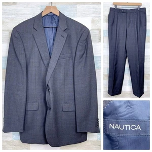 Nautica Wool Windowpane Suit Gray Two Button Mens 42L Jacket 36W Pleated Pants - Picture 1 of 14