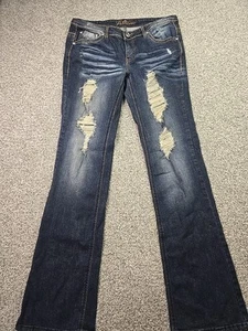 Premiere Jeans Womans 7/8 Blue Denim Flare Leg Distressed Whiskered College City - Picture 1 of 15