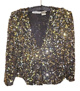 Vintage 100% Silk Sequin Beaded Cropped Cardigan Sz S Sparkle Glam Evening - Picture 1 of 8