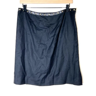 Falda recta Worth mezcla lana negra con ribete de cuero y tachuelas talla 10 B189 Foto 1 de 4