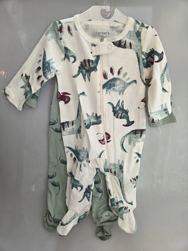 Nuevo Juego de 2 Pies Carter's Dinosaurs Boy 3 Mo.  Cremallera manga larga 2 vías Foto 1 de 1