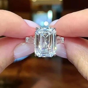 3.70Ct Certified Emerald Cut Lab Created Diamond Solitaire Ring 925 Silver Ring - Picture 1 of 7