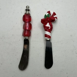 Cheese Spreader Set of 2 Christmas Candy Cane Red Beads Butter Knife - Picture 1 of 4