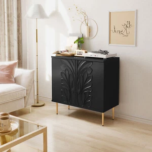 Accent Cabinet Sideboard Buffet Cabinet with 3D Flower Pattern with Doors Black - Picture 1 of 8