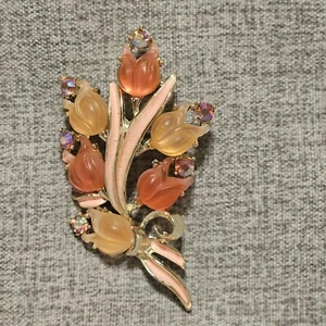Vintage Molded Beads Pink Peach Flowers Pin Brooch with Pink Rhinestone - Picture 1 of 9