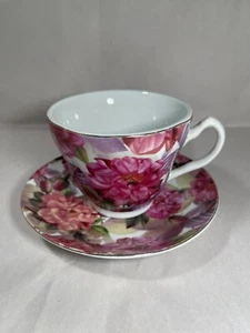 Victorian Floral Teacup & Saucer Set Pink Red Roses Vintage Porcelain Elegant - Picture 1 of 8