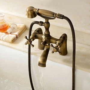 Antique Brass Deck Mounted Bathroom Shower Clawfoot Tub Mixer Faucet Set - Picture 1 of 6