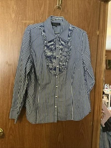 Blusa Jones New York para mujer talla 1X Botón Delantero Manga Larga Volantes Azul A1 - Imagen 1 de 7