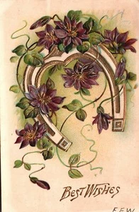 Tarjeta de felicitación Best Wishes herradura y flores moradas floral postal vintage - Imagen 1 de 2