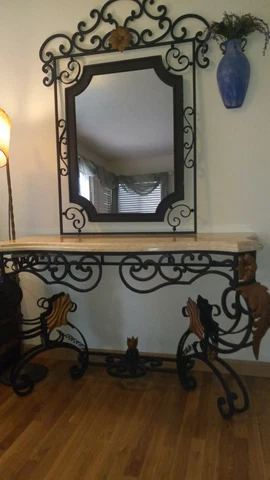 Wrought Iron & Marble ART NOUVUE ANTIQUE Entry Table/ Matching Mirror Cover