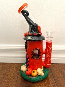 9.5” Premium Glass Water Pipe Halloween Witch Hut Glow in Dark 14mm - Picture 1 of 4