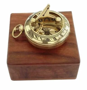 Vintage Brass Pocket sundial Compass 2" With Wooden Box Nautical Gift - Picture 1 of 3